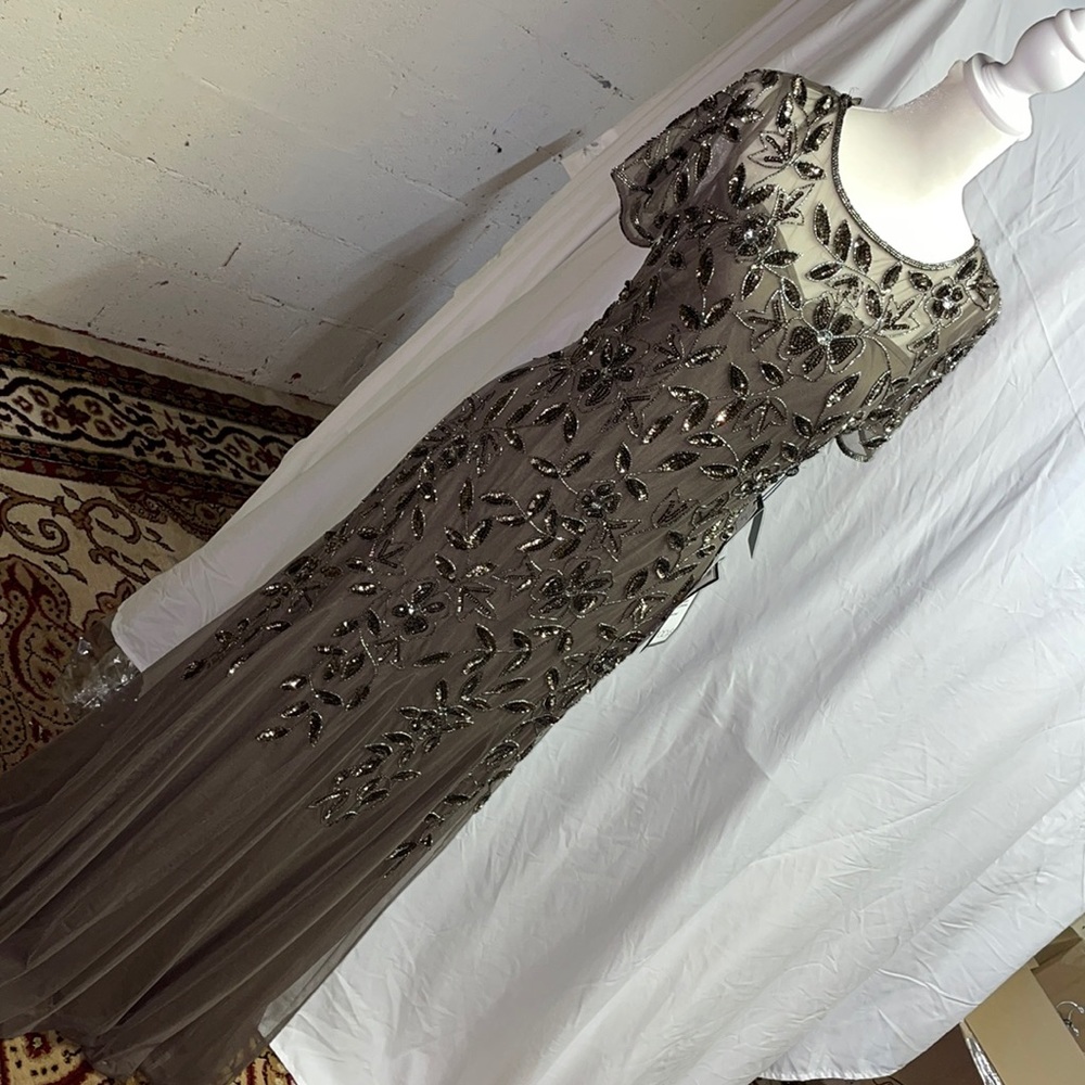 New HAND BEADED SHORT SLEEVE FLORAL GODET GOWN